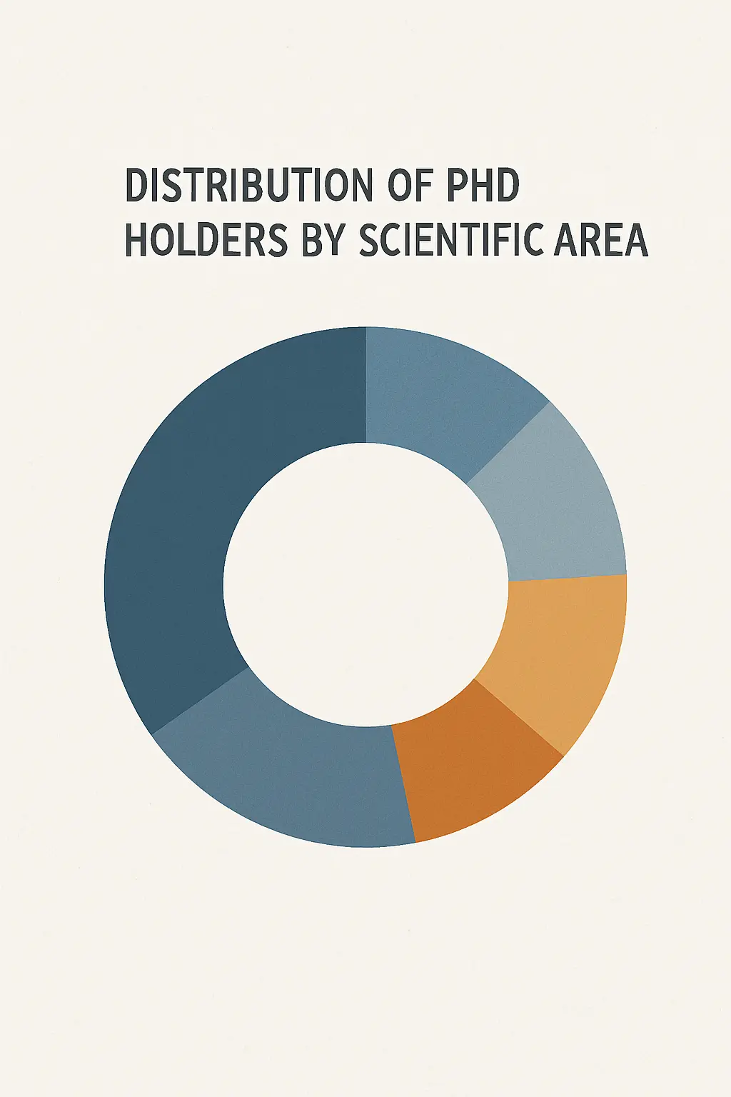 Distribuição dos doutoramentos em Portugal por área científica (FOS): gráfico circular ilustrativo com ciências exatas, sociais, engenharia e saúde, sem valores legíveis (DGEEC CDH 2023)