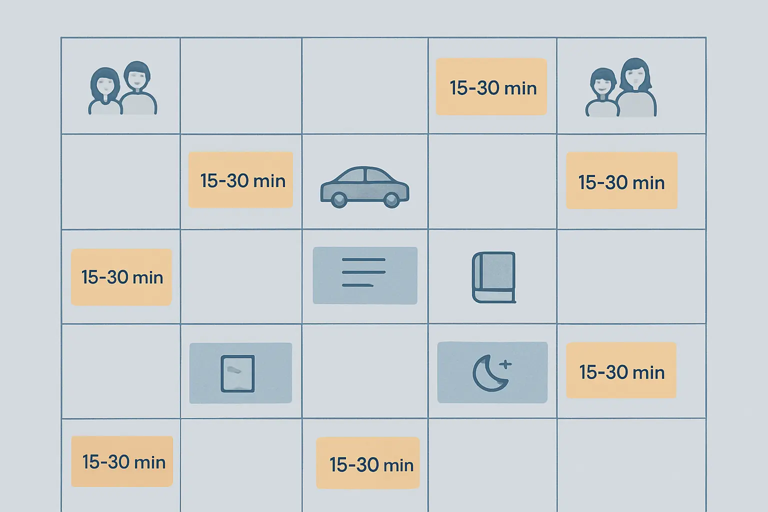 Diagrama ilustrativo de um horário semanal com blocos de estudo curtos intercalados com rotinas familiares para pais estudantes