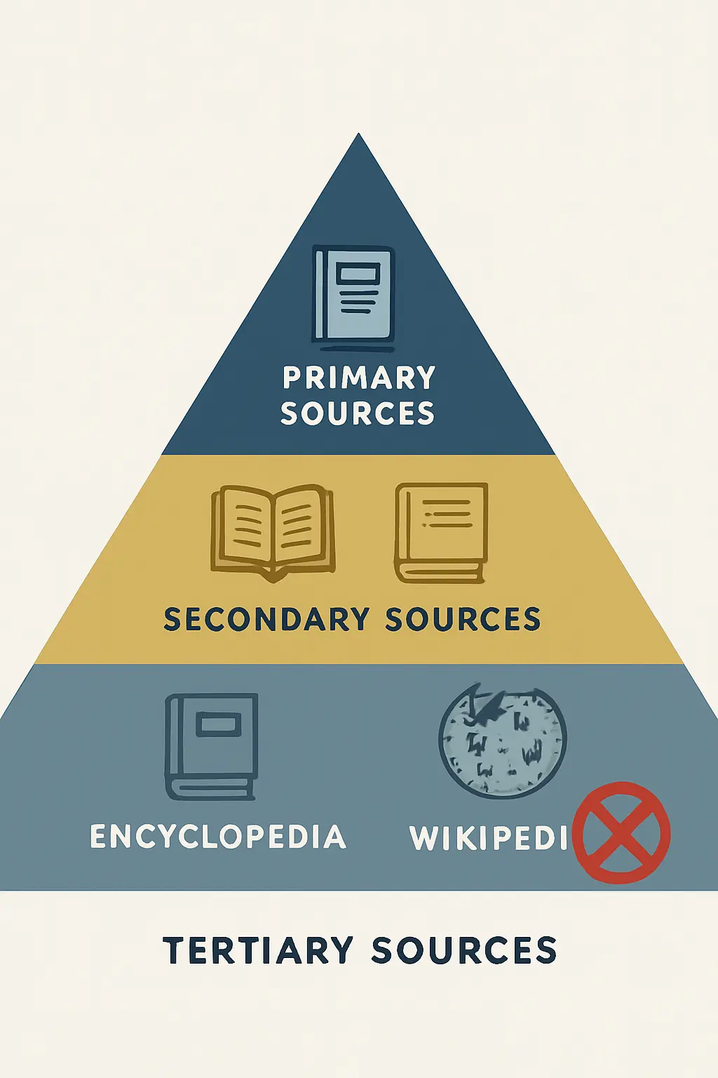 Pirâmide hierárquica das fontes académicas: fontes primárias no topo, secundárias no meio e terciárias (como a Wikipédia) na base