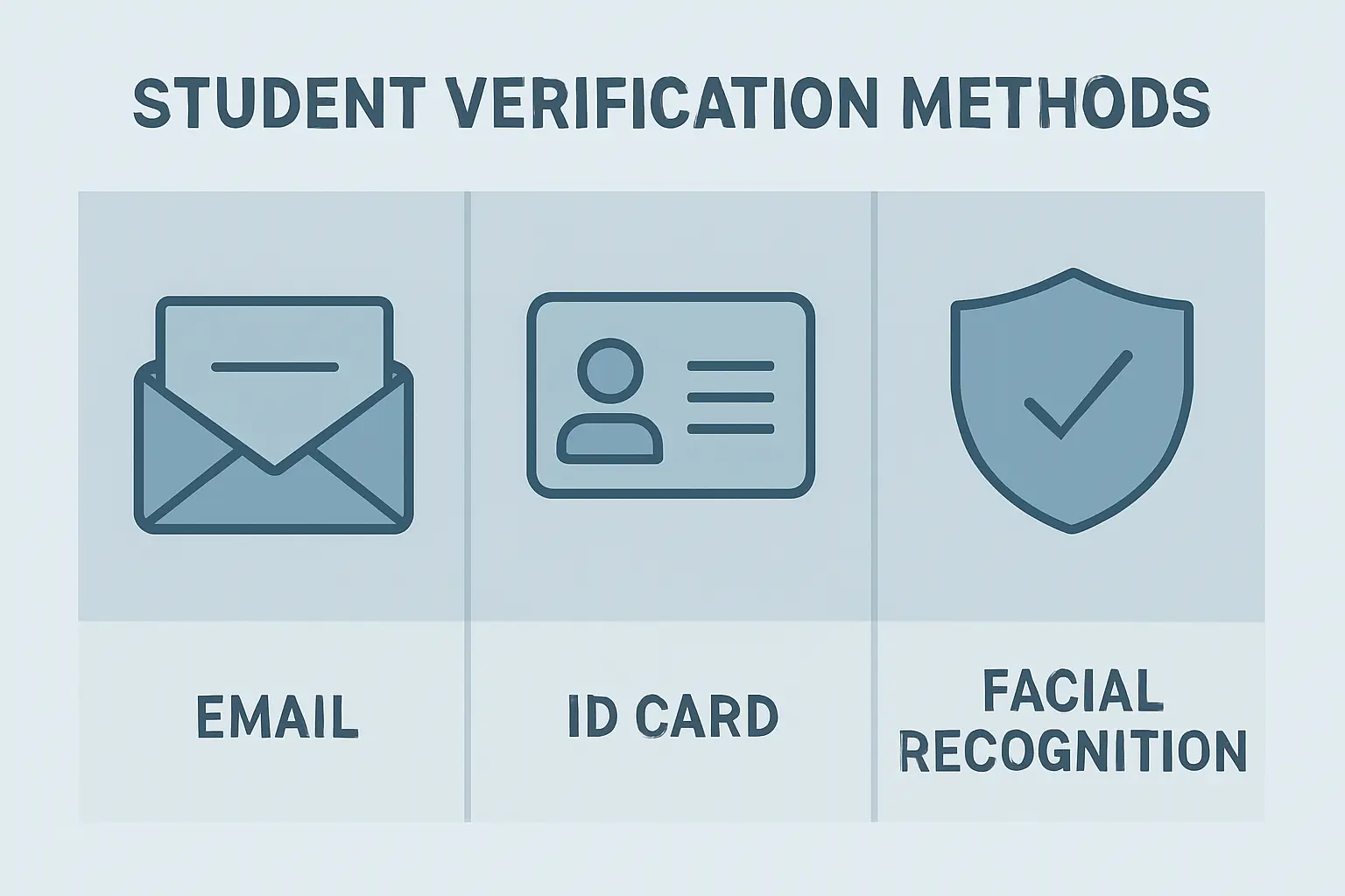 Ilustração dos três métodos de verificação do estatuto de estudante: email institucional, SheerID e cartão ISIC