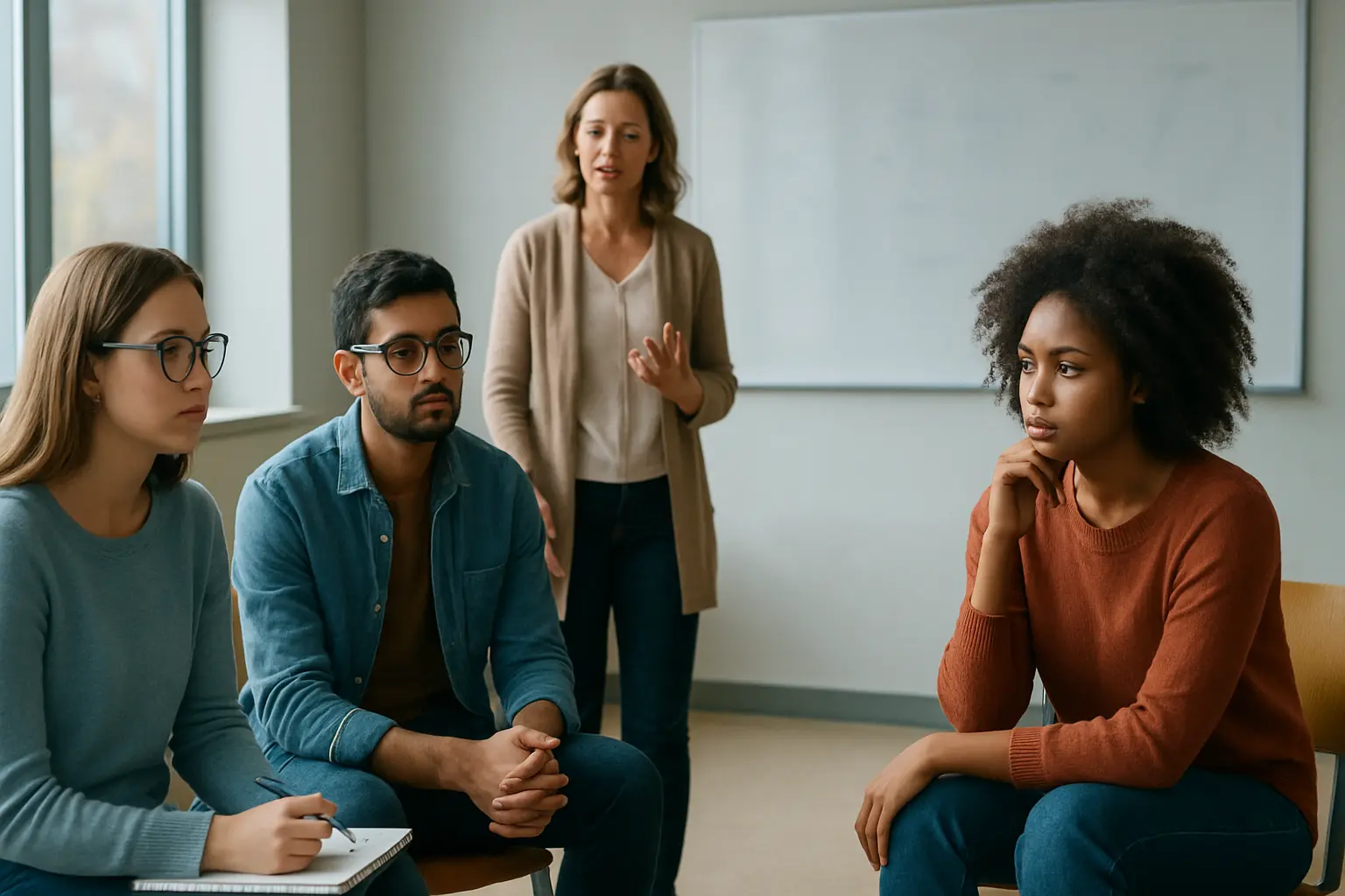 Estudantes de psicologia num seminário universitário a debater em grupo