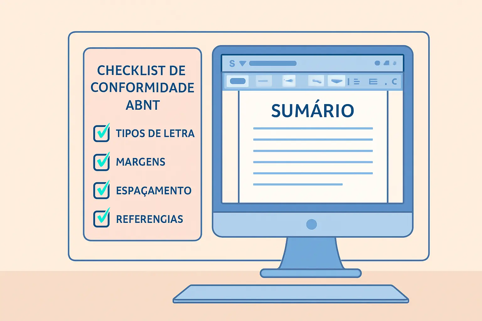 Checklist de conformidade ABNT do sumário automático do TCC sendo revisado em uma tela de computador com Word aberto