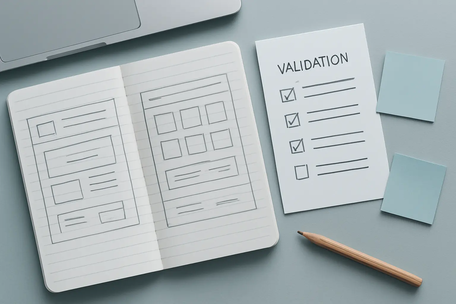 Caderno de projeto aberto com esquissos e lista de verificacao de validacao do artefacto