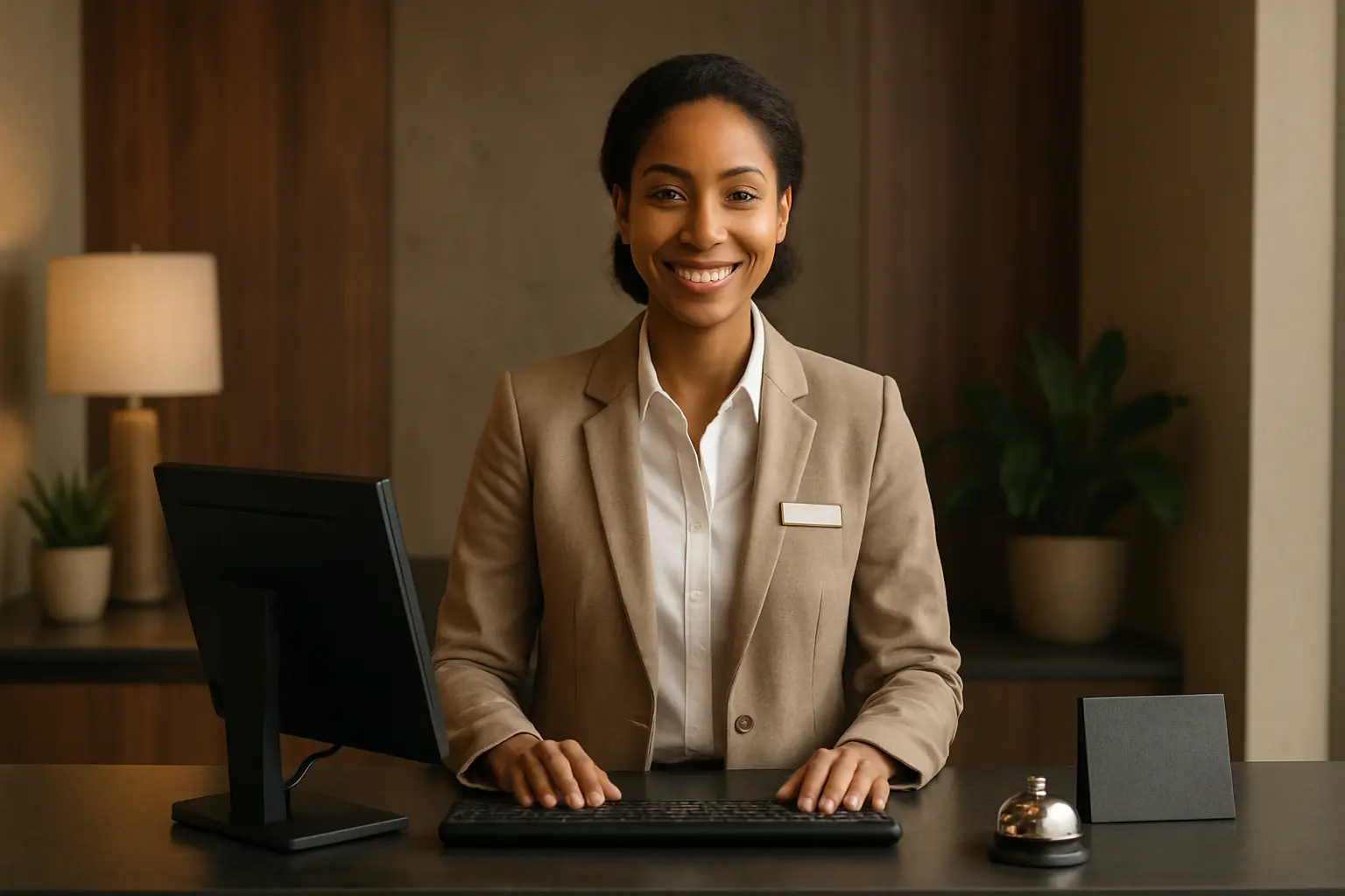 Profissional de hotelaria e turismo na receção de um hotel
