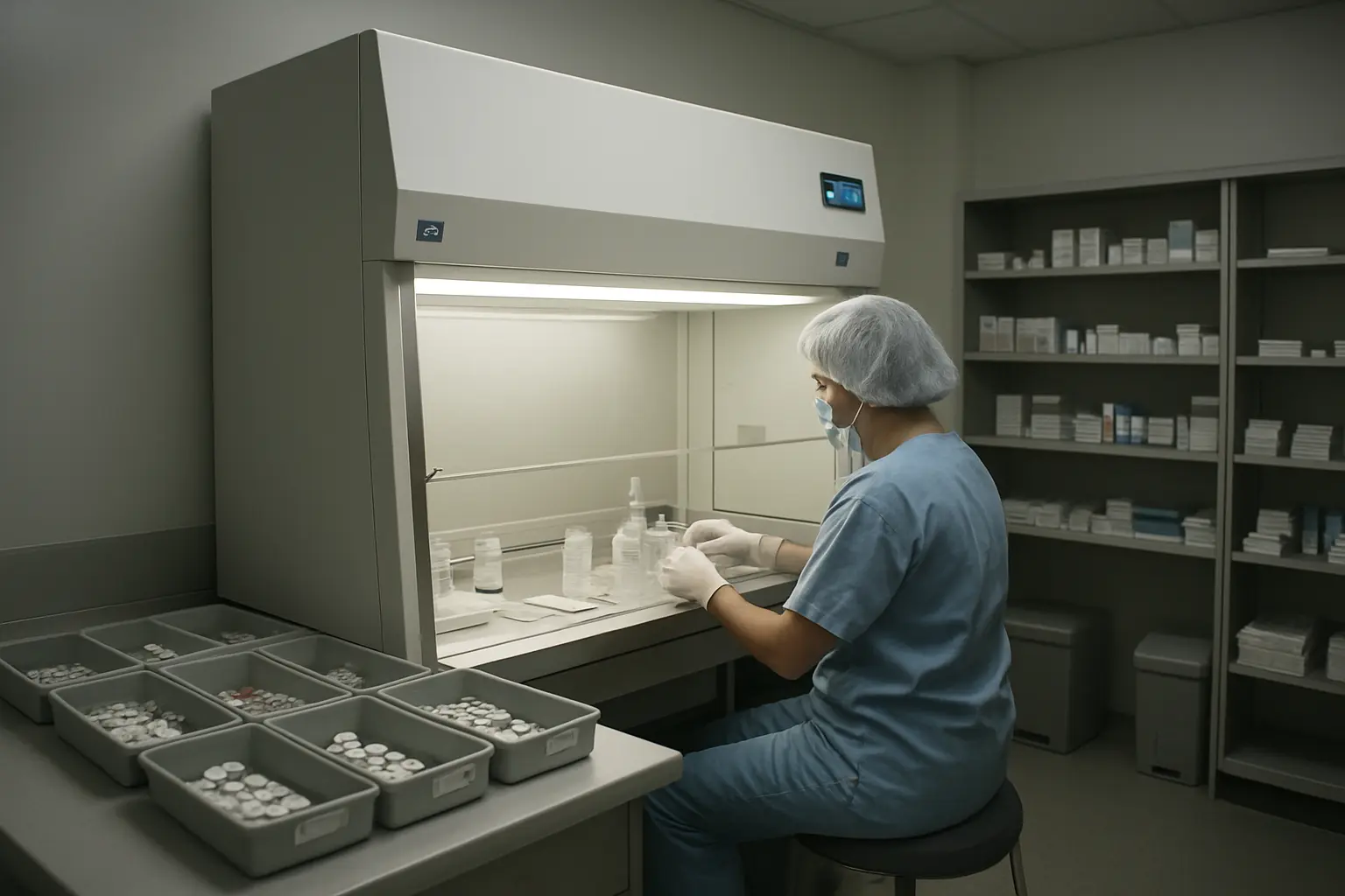 Area de preparacao de uma farmacia hospitalar com camara de fluxo laminar e tabuleiros identificados