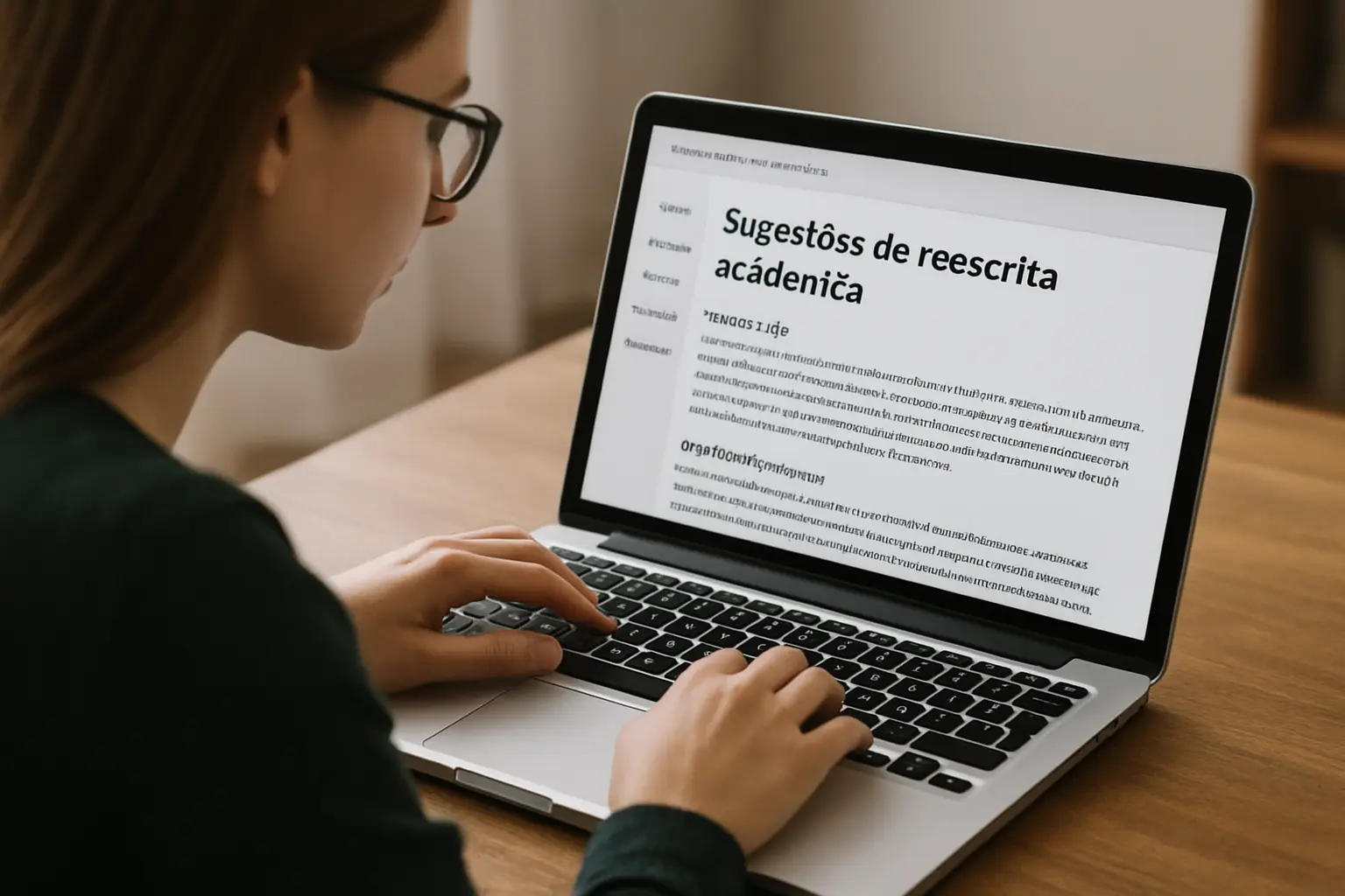 Estudante a rever sugestões de reescrita académica numa plataforma de escrita de tese em português