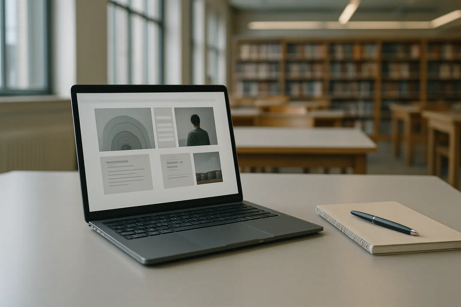 Portatil com um portefolio digital organizado ao lado de um caderno numa biblioteca universitaria