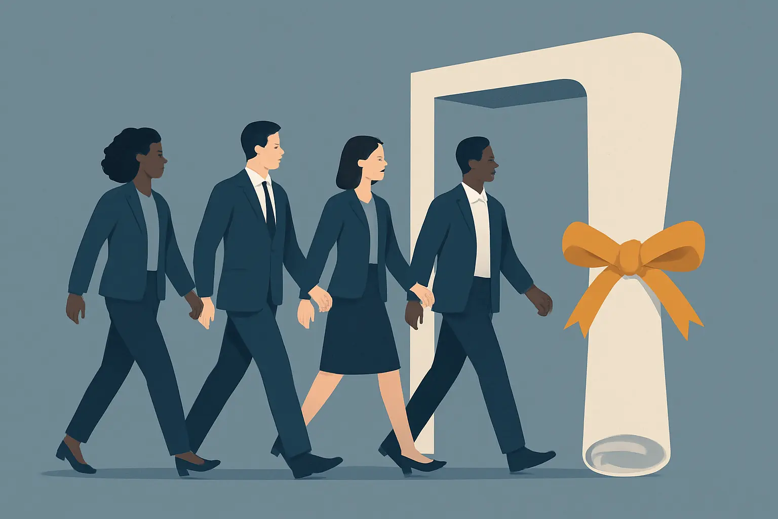 Ilustração de figuras profissionais a atravessar uma porta em forma de diploma, representando a elevada taxa de emprego dos doutorados