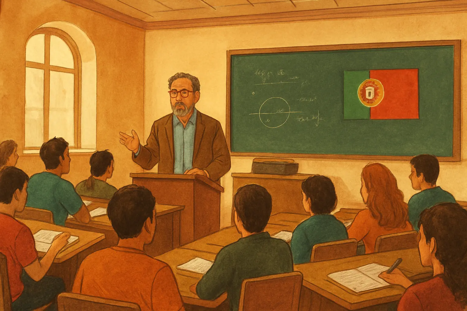 Professor universitário a lecionar numa sala de aula do ensino superior em Portugal