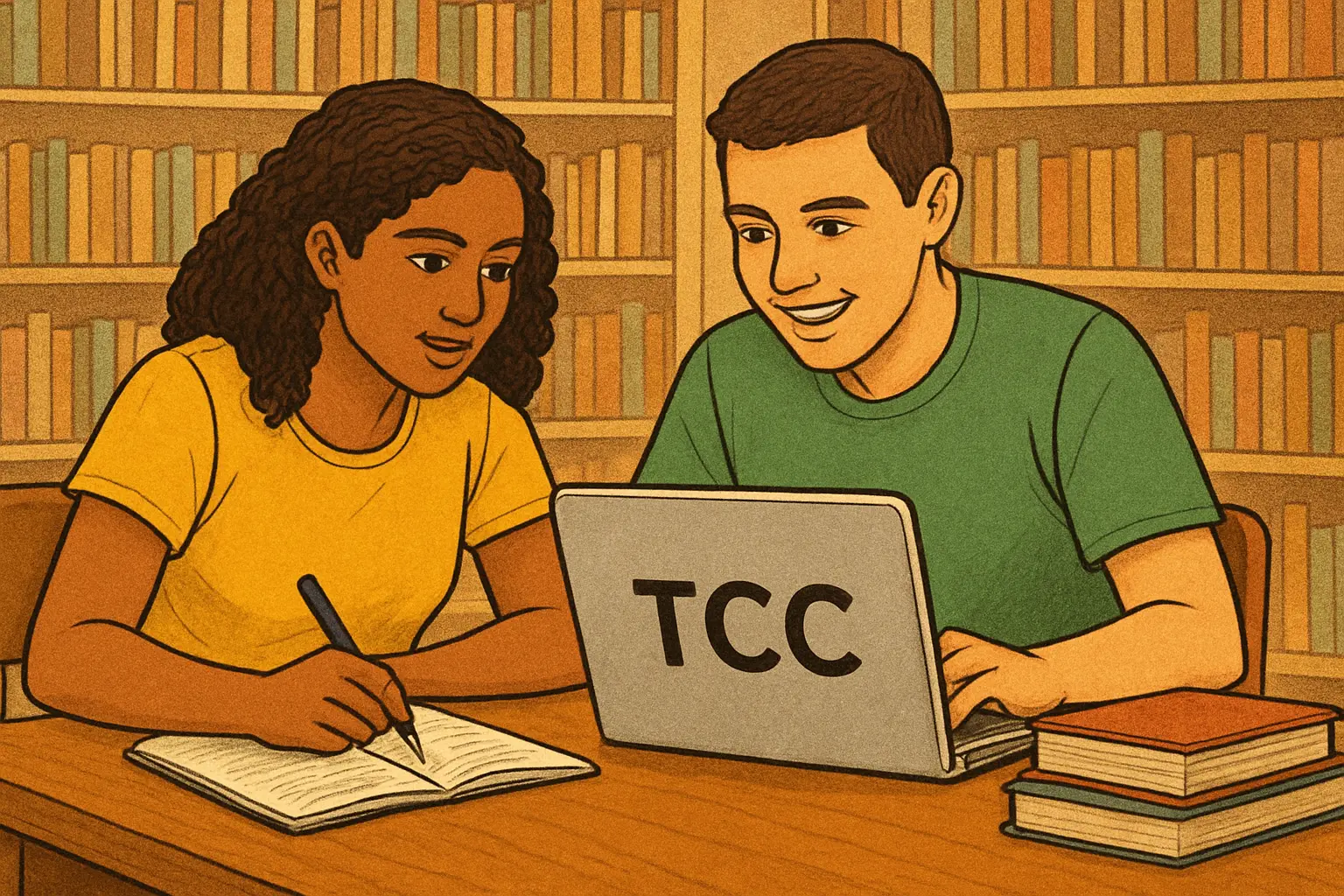 Dois estudantes universitários brasileiros a escrever o TCC em dupla numa biblioteca