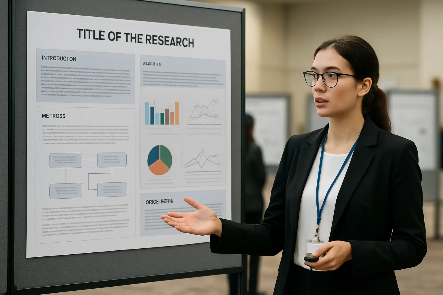 Investigadora a apresentar um poster académico num congresso científico