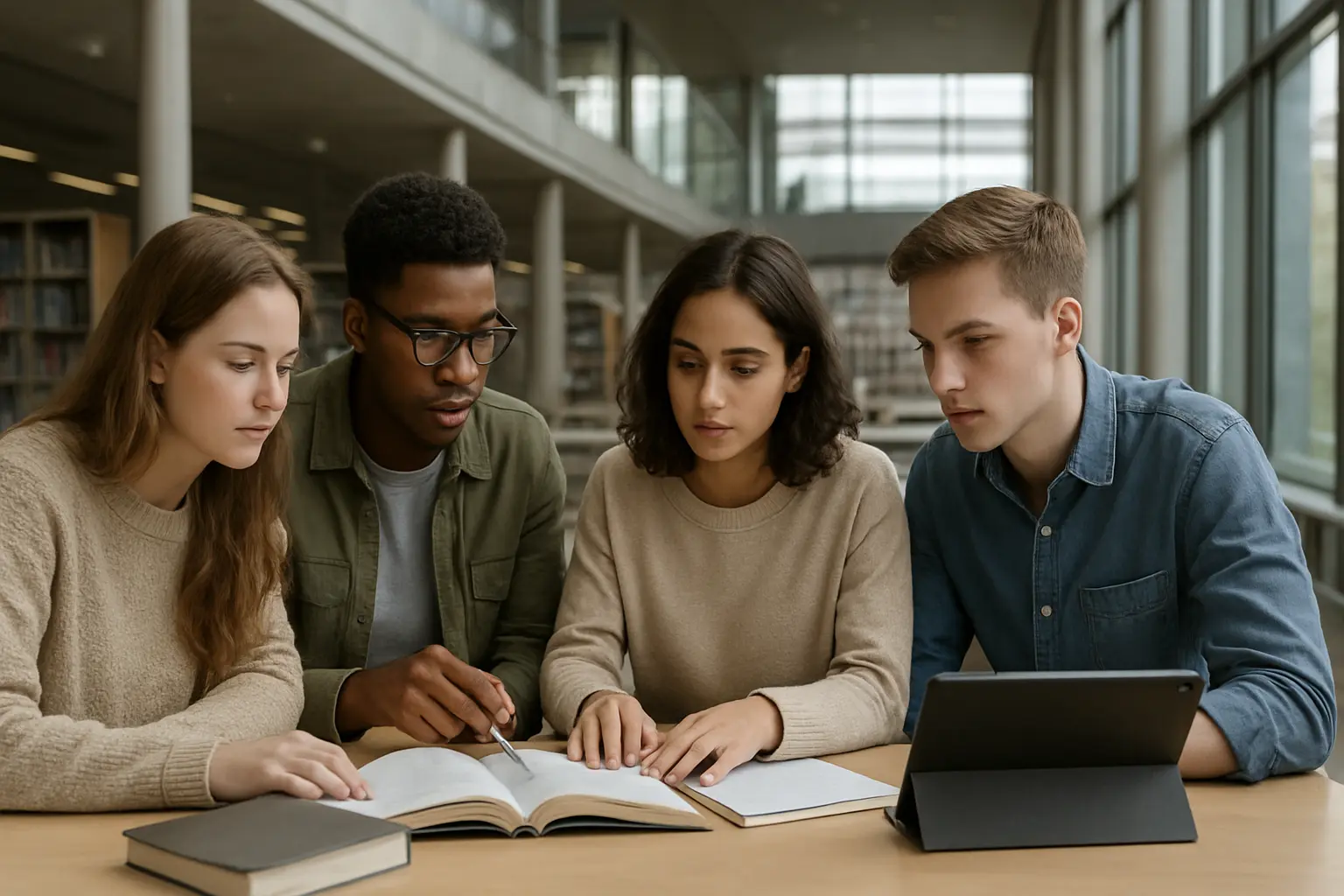 Estudantes a colaborar numa biblioteca universitária contemporânea