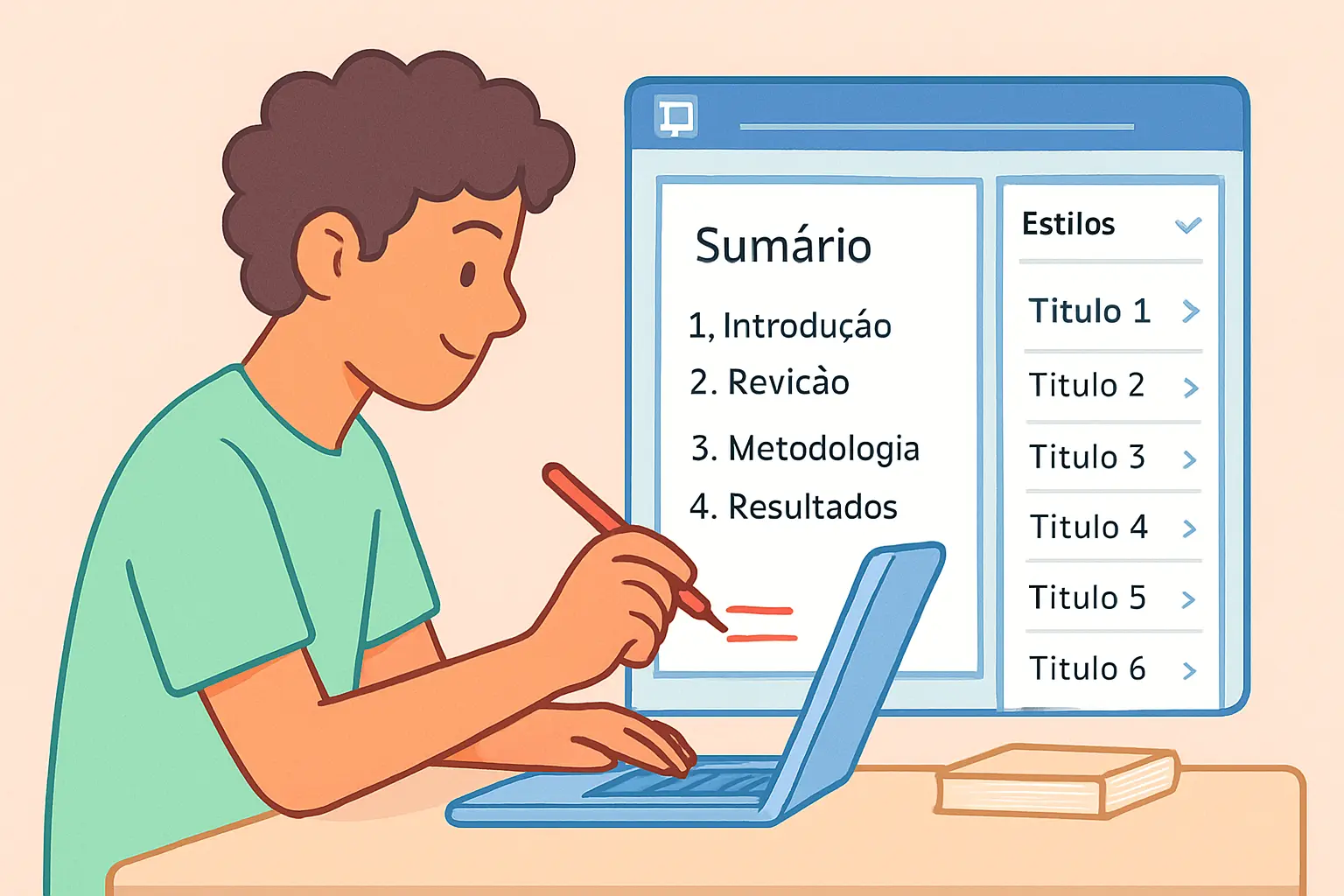 Estudante brasileiro corrigindo um erro no sumário automático do TCC no Word, com o painel de estilos de título visível