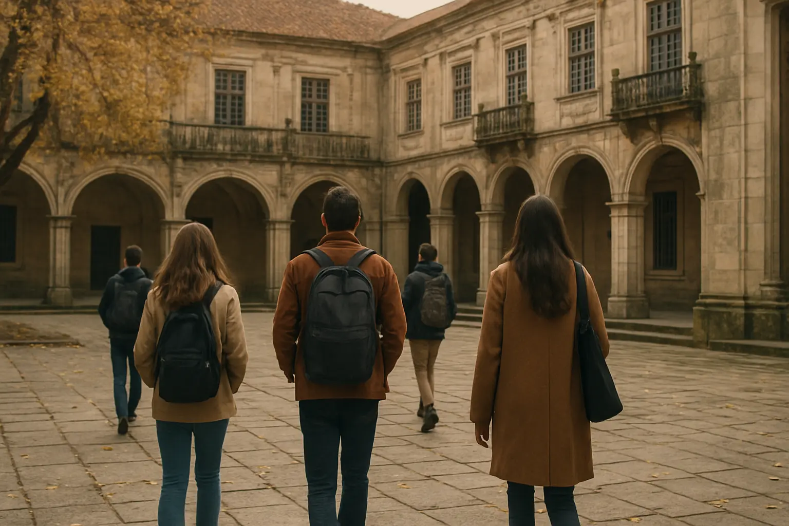 Estudantes a caminhar num campus histórico de uma universidade portuguesa