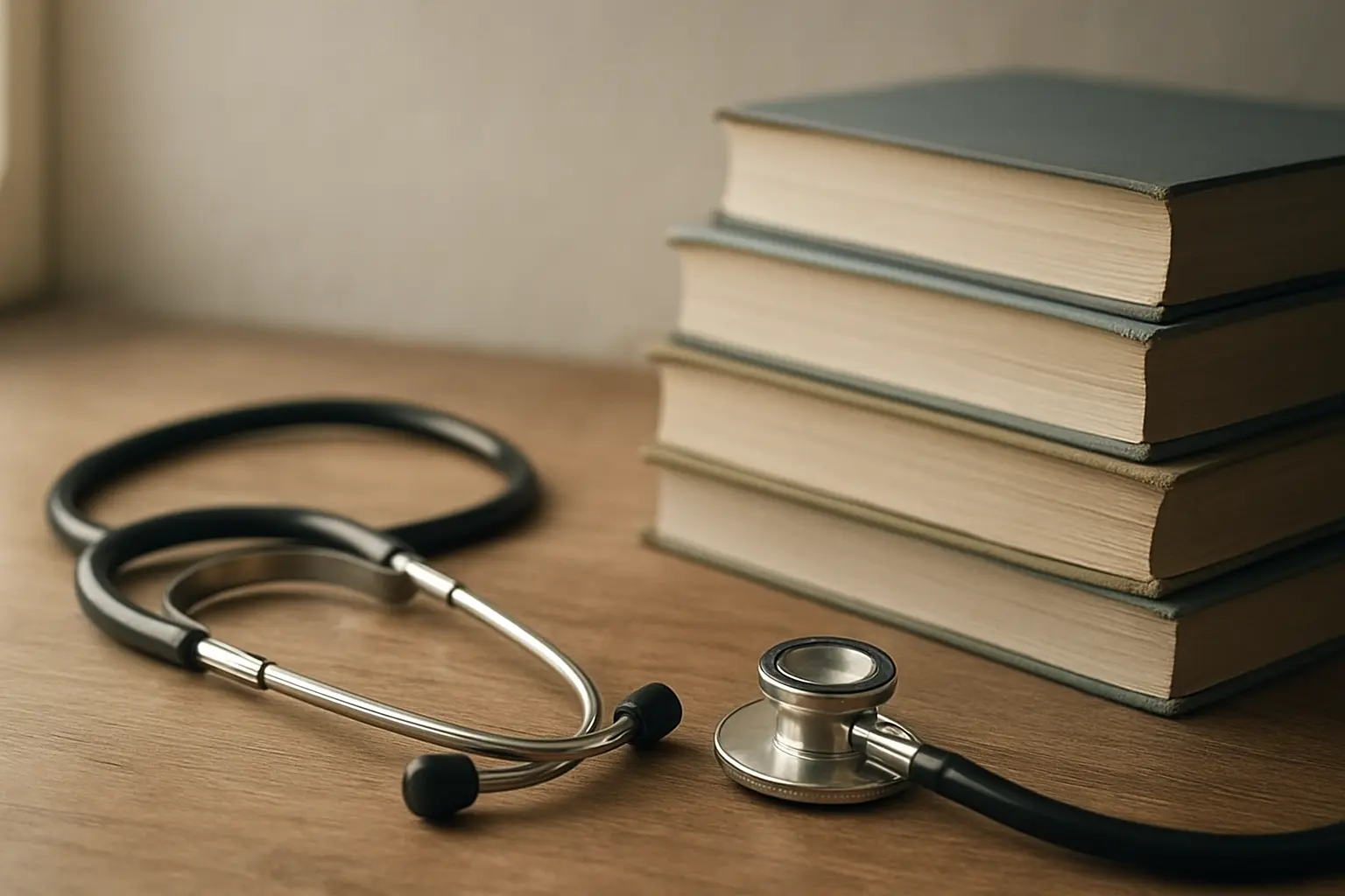 Estetoscópio e manuais de medicina sobre uma secretária