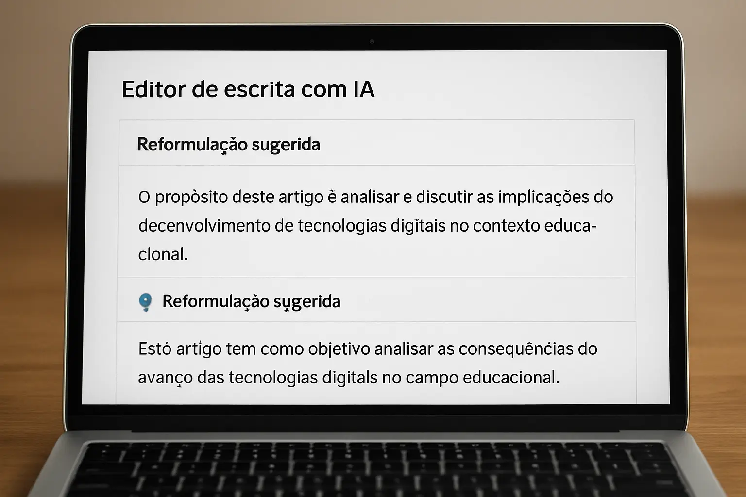 Painel do Editor IA do Tesify a sugerir reformulação de um parágrafo académico em português