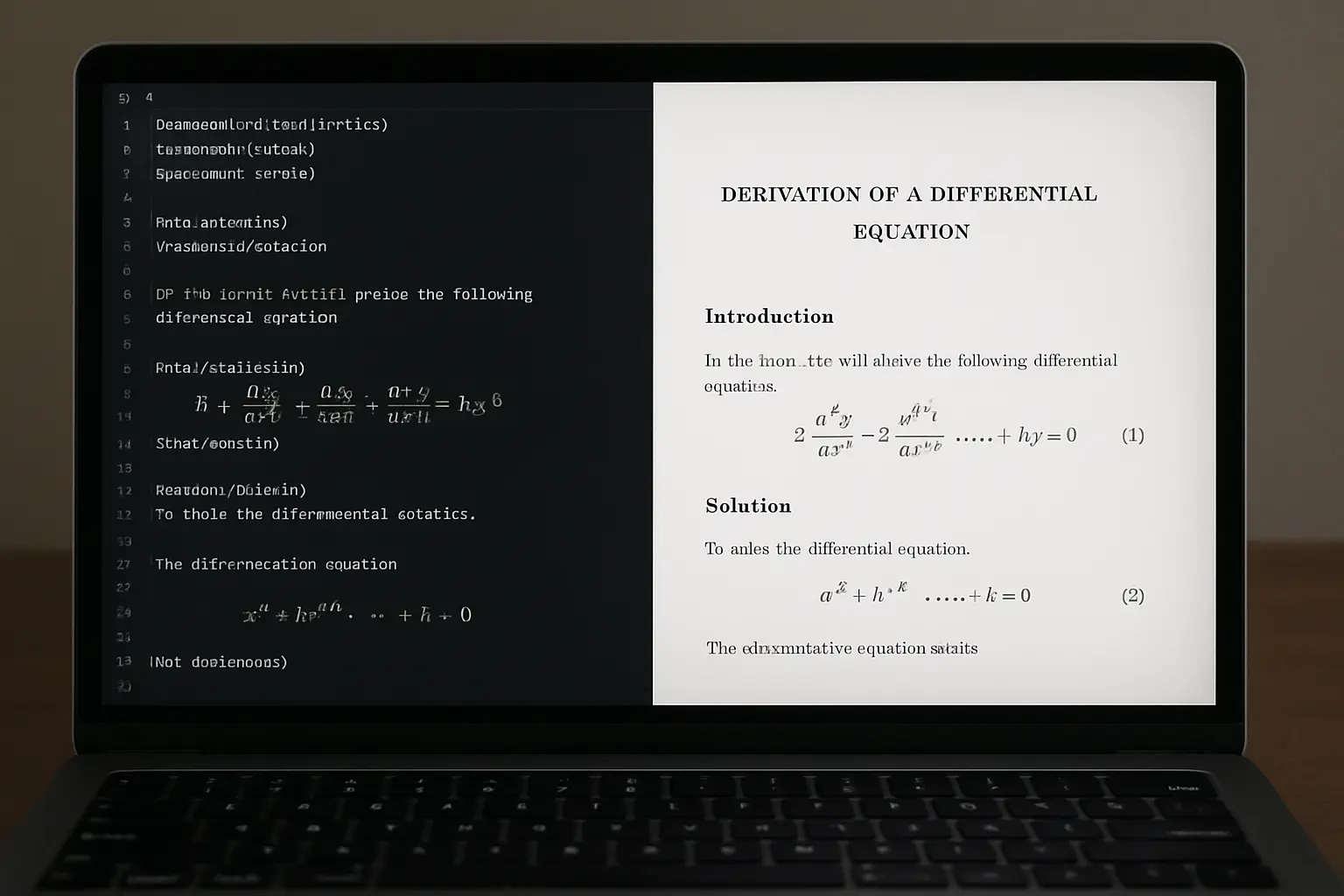 Ecrã dividido a mostrar código LaTeX e o PDF compilado com equações numeradas