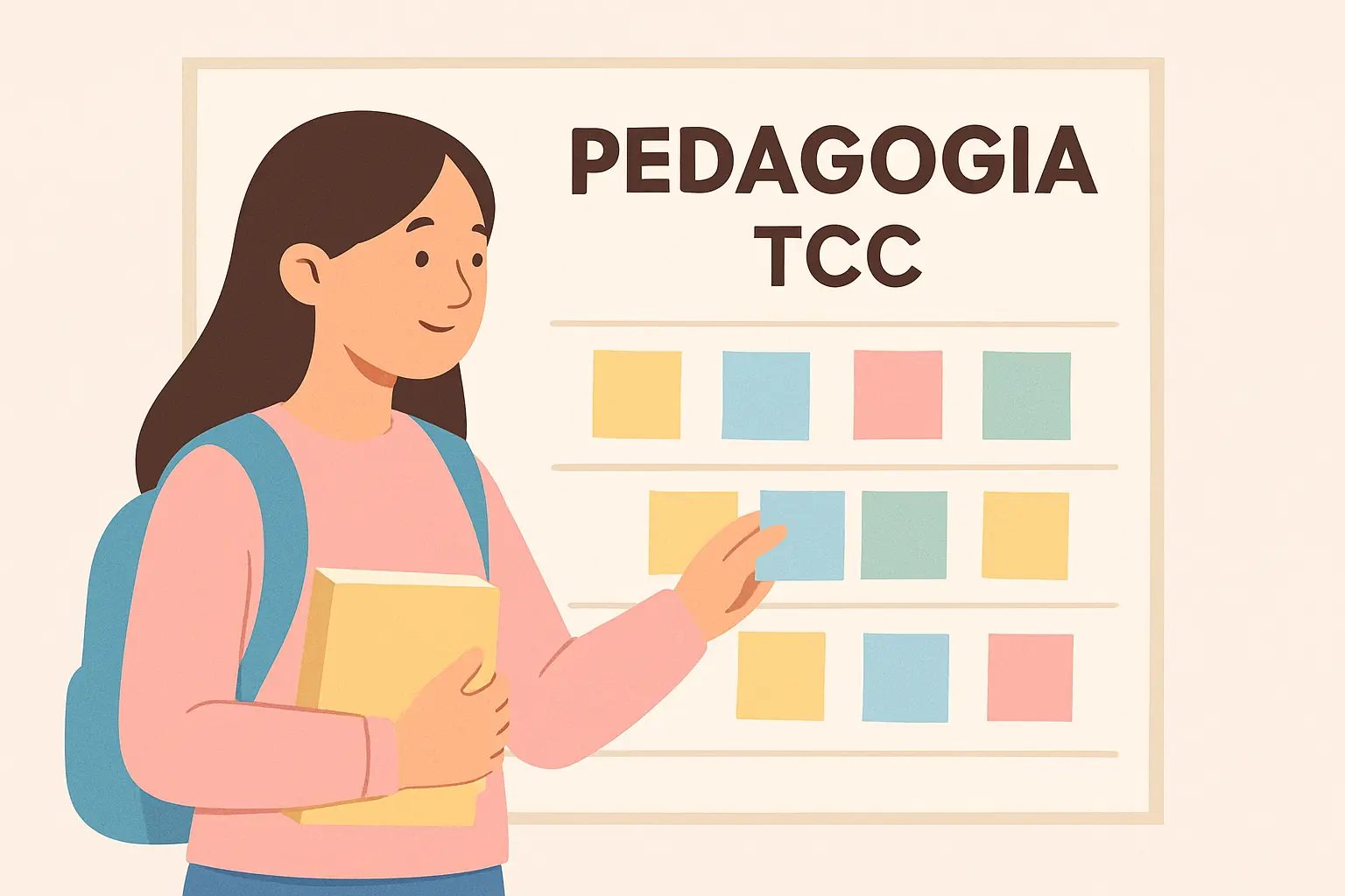 Estudante de Pedagogia organizando post-its coloridos por linha de pesquisa para escolher o tema do TCC