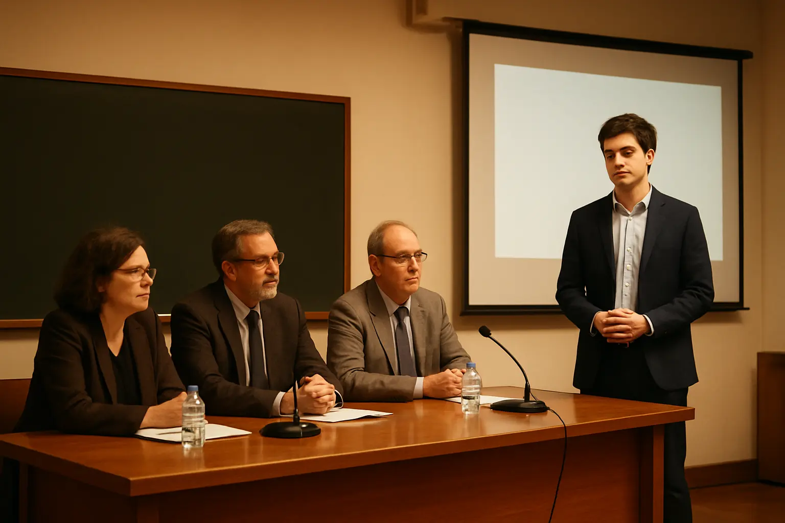 Juri de defesa publica ouve a apresentacao do trabalho de projeto de mestrado numa sala universitaria