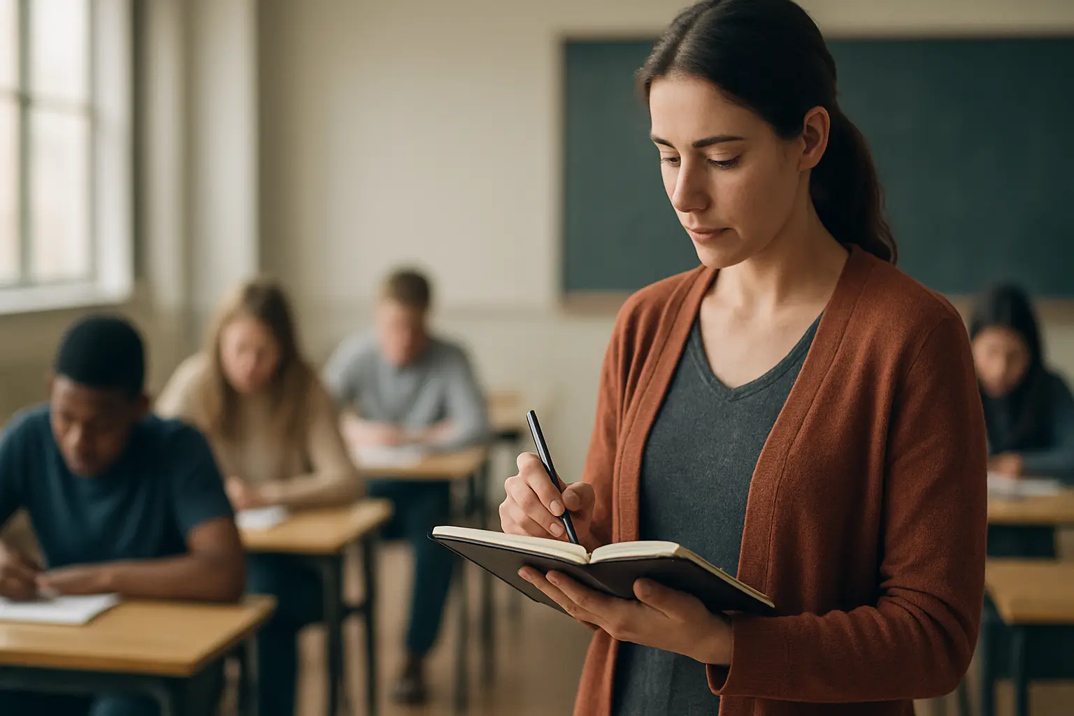 Professora-investigadora a tomar notas durante uma aula