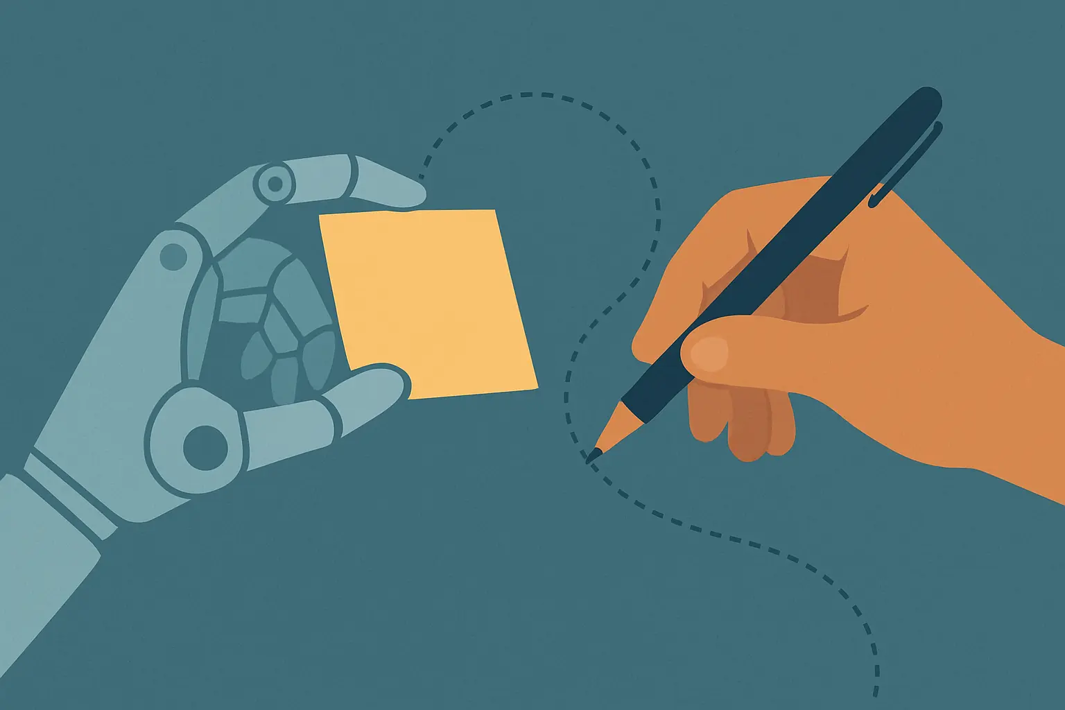 Ilustração de um assistente de IA transparente a sugerir edições visíveis, sem substituir a autoria humana
