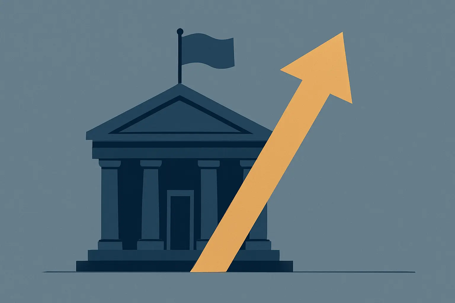 Ilustração de um edifício da administração pública com uma seta ascendente, representando o prémio de qualificação para doutorados na função pública