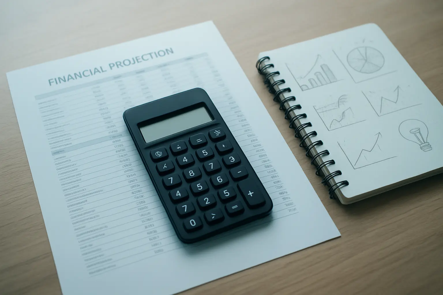 Folha de projecoes financeiras e caderno com cenarios alternativos sobre uma secretaria