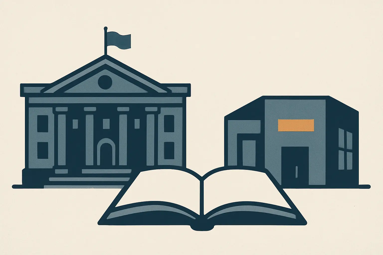 Ilustração de um edifício universitário público e um privado lado a lado, representando a distribuição de teses e dissertações entre os dois sectores