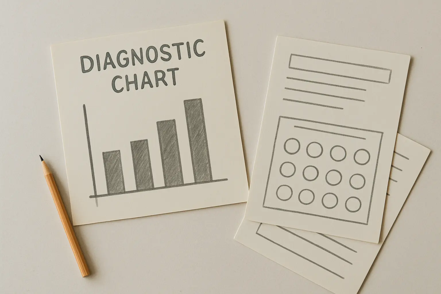 Grafico de diagnostico desenhado a mao ao lado de fichas de trabalho de alunos