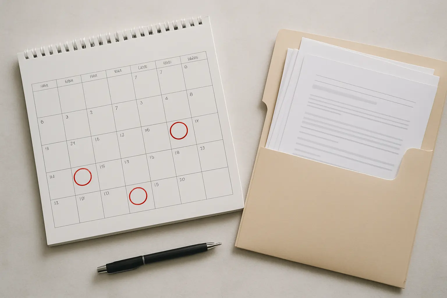 Calendario com prazos mensais recorrentes e dossier de formularios sobre uma secretaria