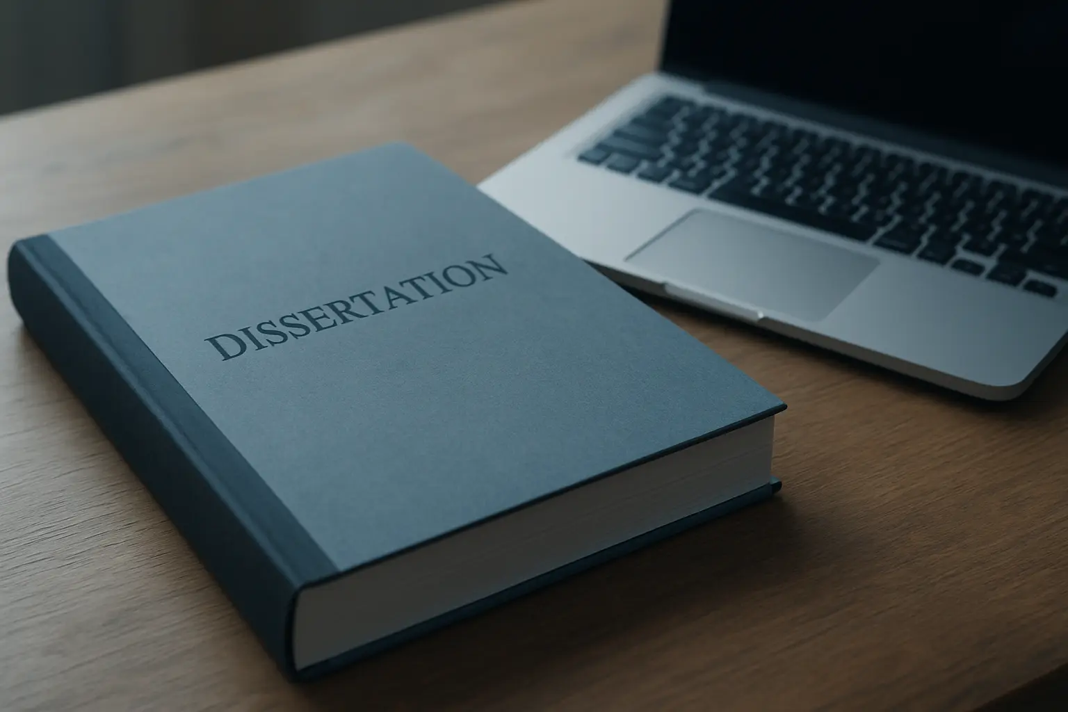 Documento de dissertação formatado ao lado de um portátil numa secretária
