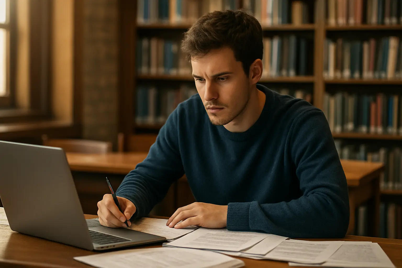 Estudante de mestrado a trabalhar na dissertação numa biblioteca universitária