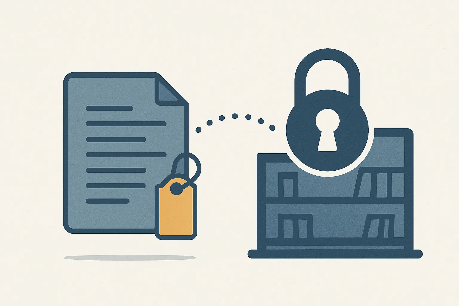 Ilustração de uma tese com uma etiqueta de identificação a fluir para um repositório de acesso aberto, representando o registo obrigatório no RENATES