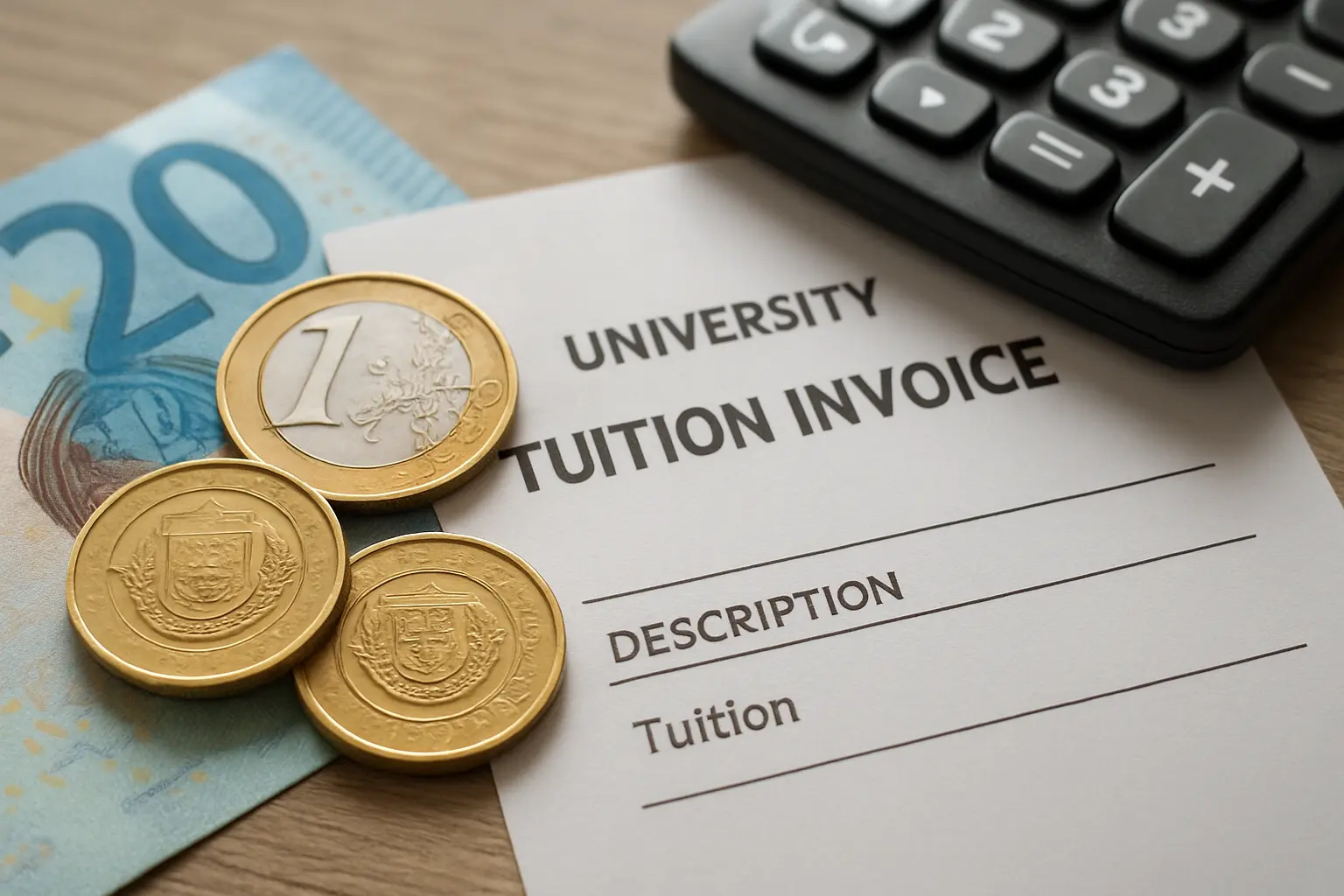 Euros e fatura de propinas universitárias representando o custo do ensino superior em Portugal