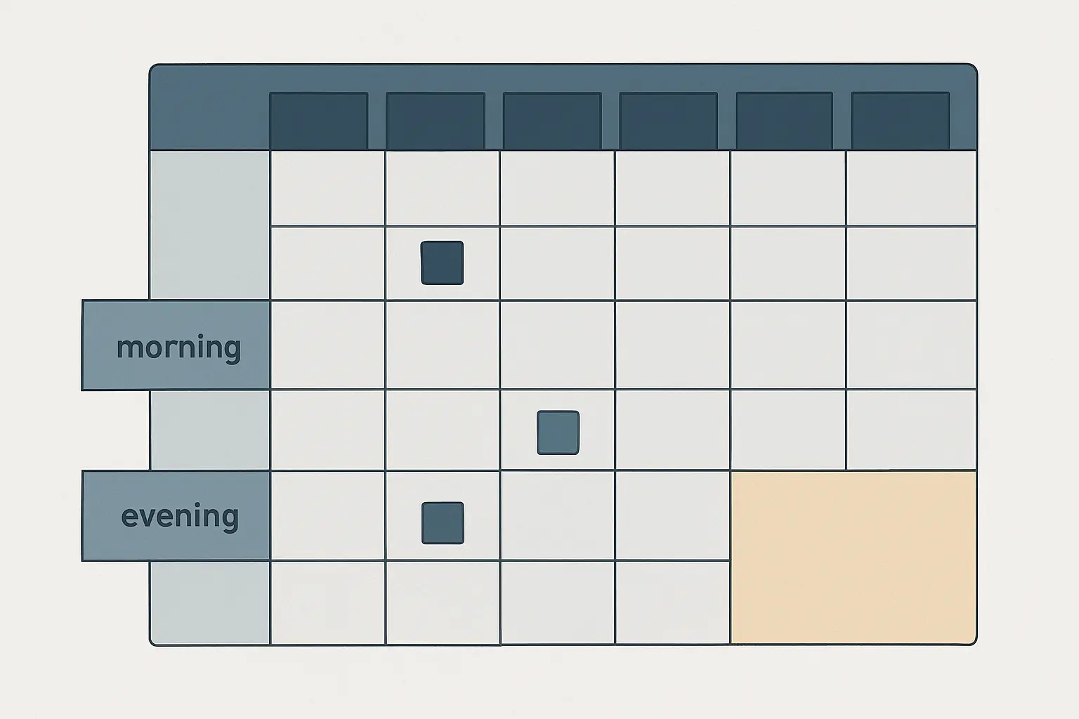 Ilustração de um calendário semanal com blocos curtos de escrita distribuídos entre o trabalho