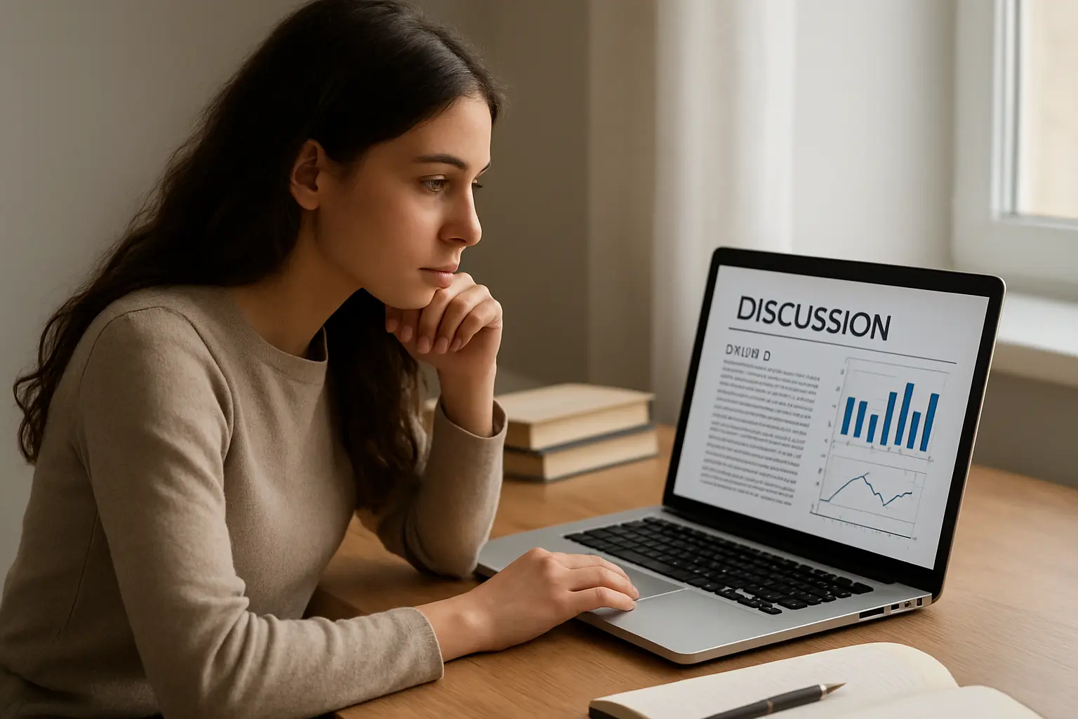 Estudante a rever no computador a secção de discussão de resultados da tese, com gráficos de dados ao lado