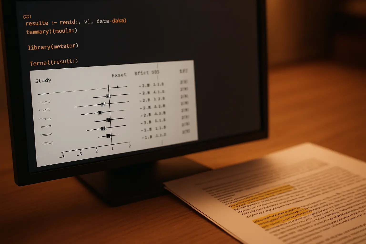 Ecrã de computador com código em R e output de forest plot durante a análise estatística de uma meta-análise