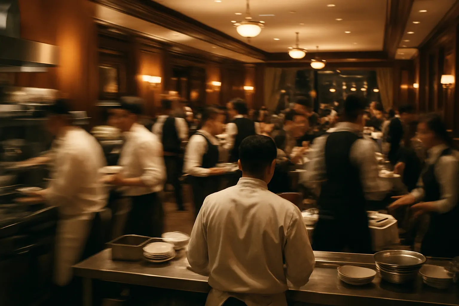 Servico de restaurante de hotel em hora de ponta visto da zona de passagem da cozinha