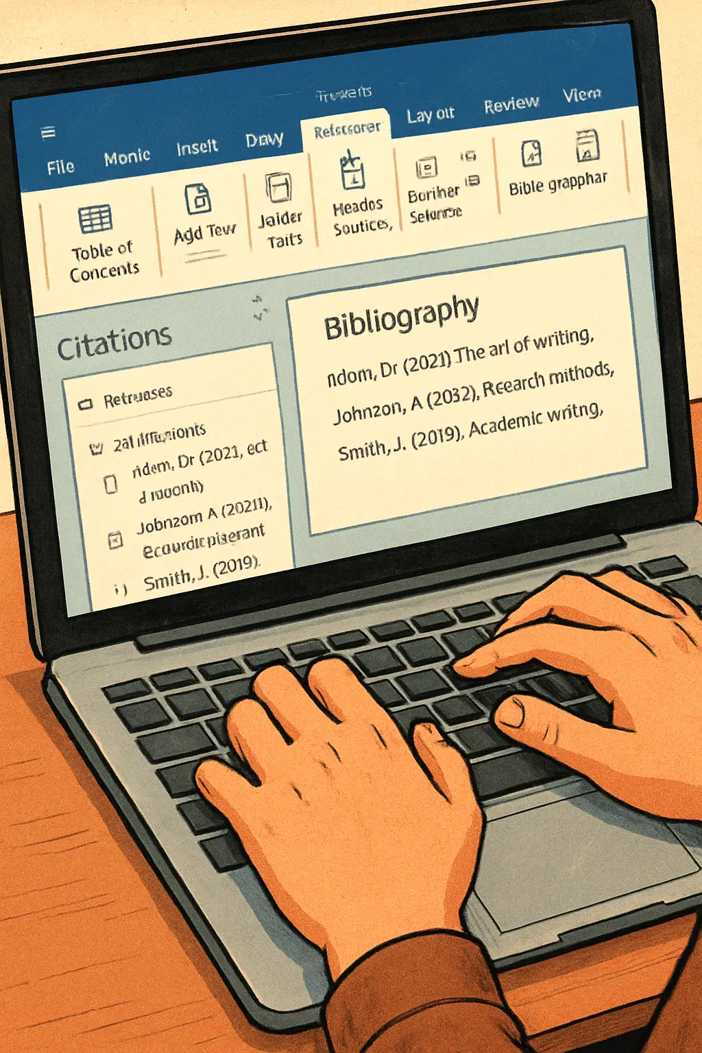 Separador Referências do Word aberto num portátil com a lista de citações e bibliografia