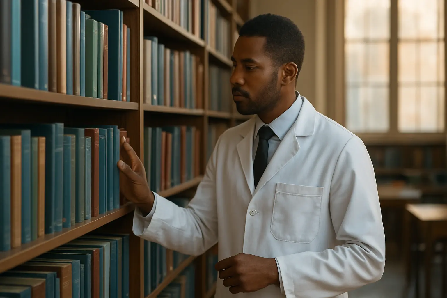Investigador clínico numa biblioteca rodeado de livros de medicina