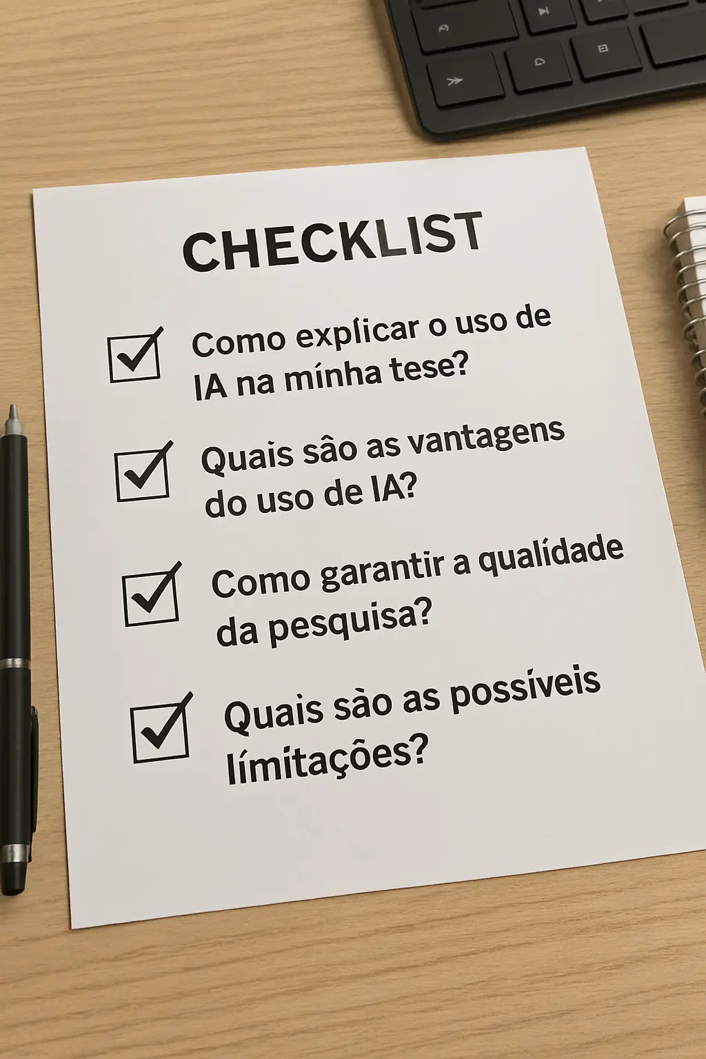 Lista de verificação em papel com perguntas para preparar antes de falar com o orientador sobre o uso de inteligência artificial na tese