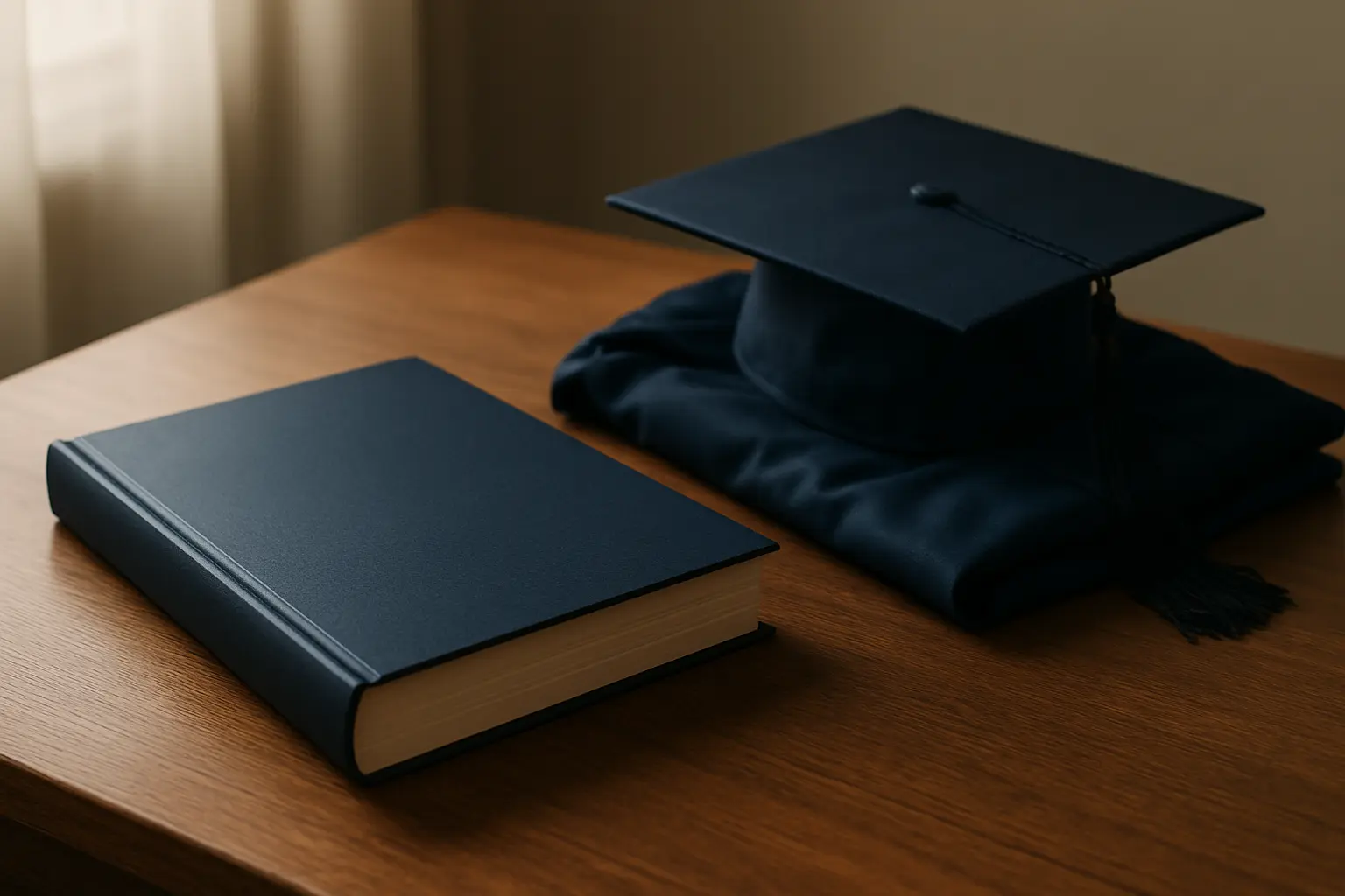 Tese encadernada e beca académica sobre uma mesa de madeira