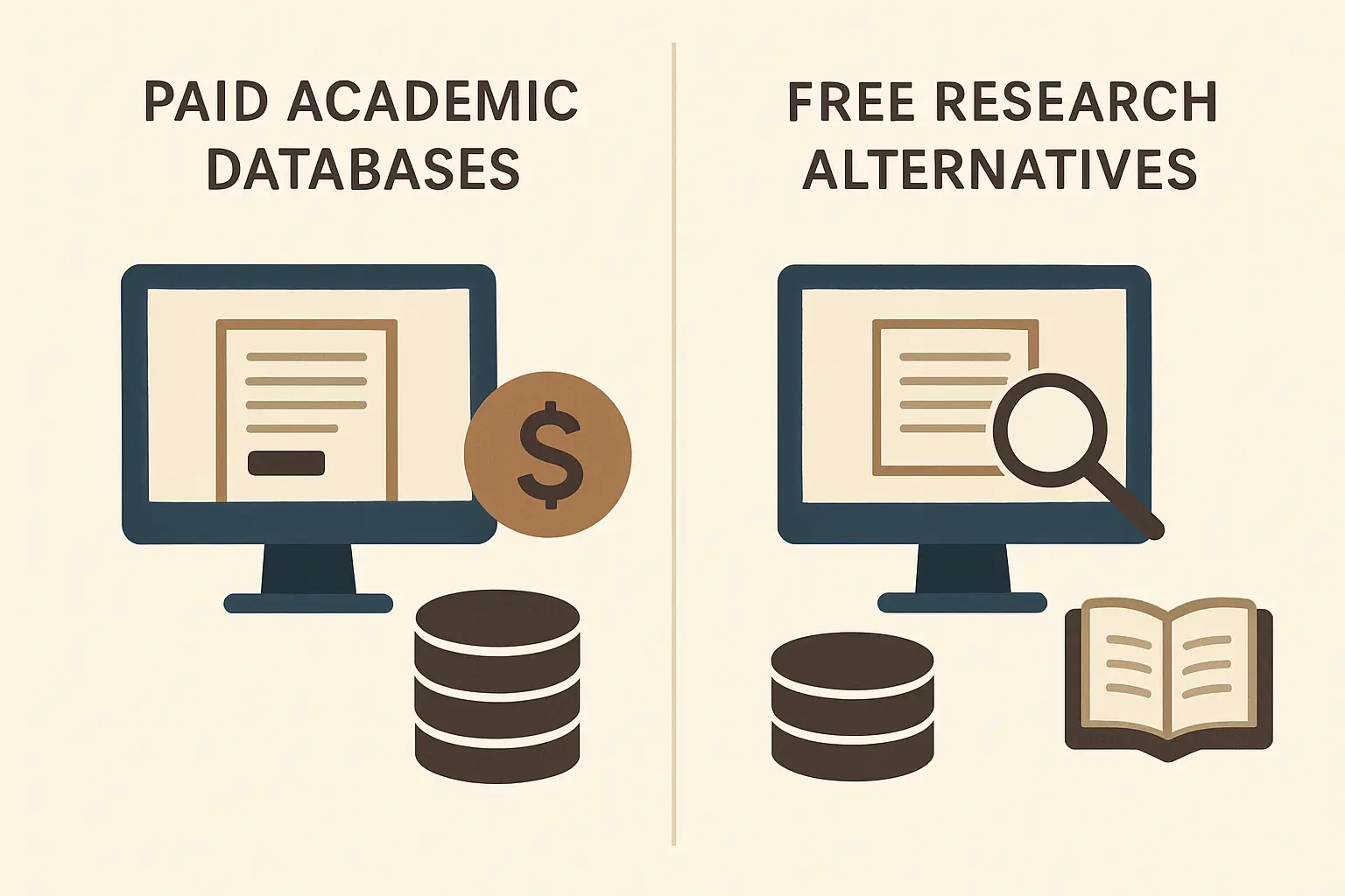 Comparação visual entre bases de dados académicas pagas e alternativas gratuitas de pesquisa científica