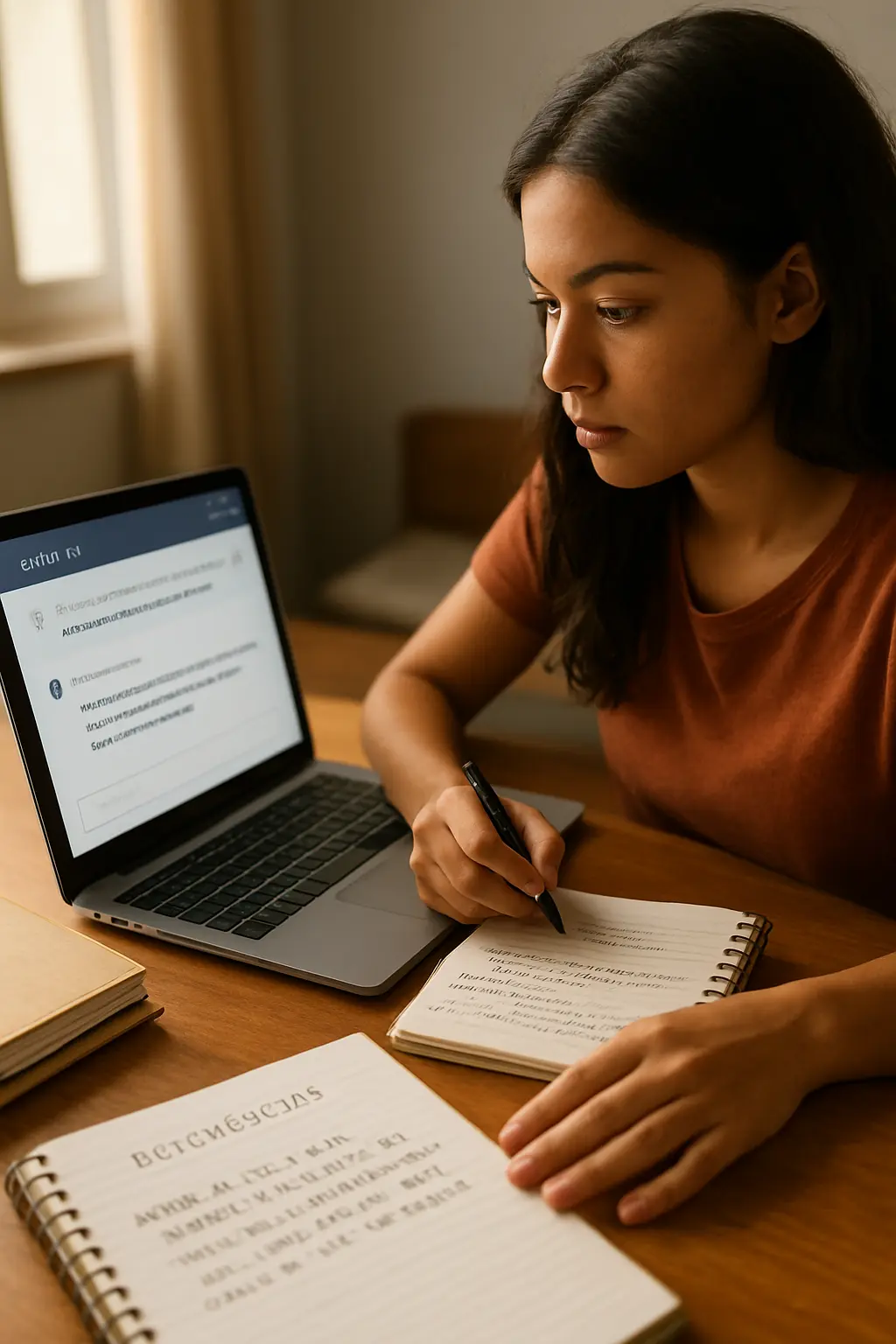 Estudante universitário brasileiro consultando o ChatGPT no laptop enquanto organiza as referências do TCC segundo as normas ABNT