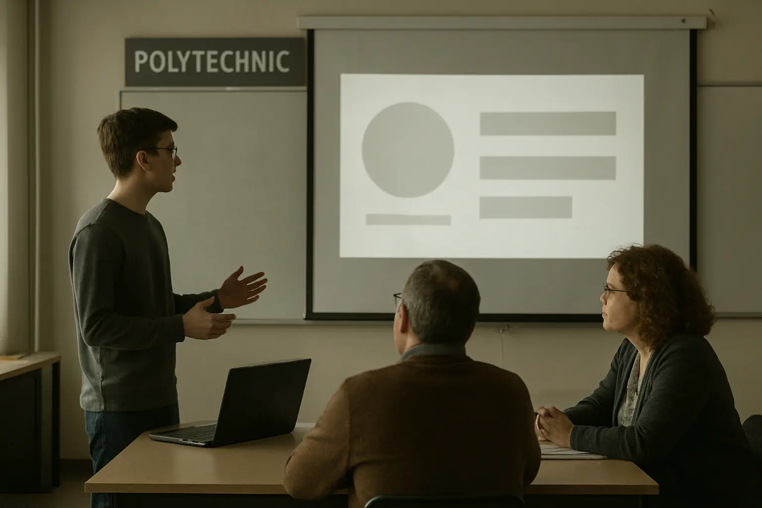 Estudante apresenta o relatorio de estagio a dois docentes numa sala do politecnico