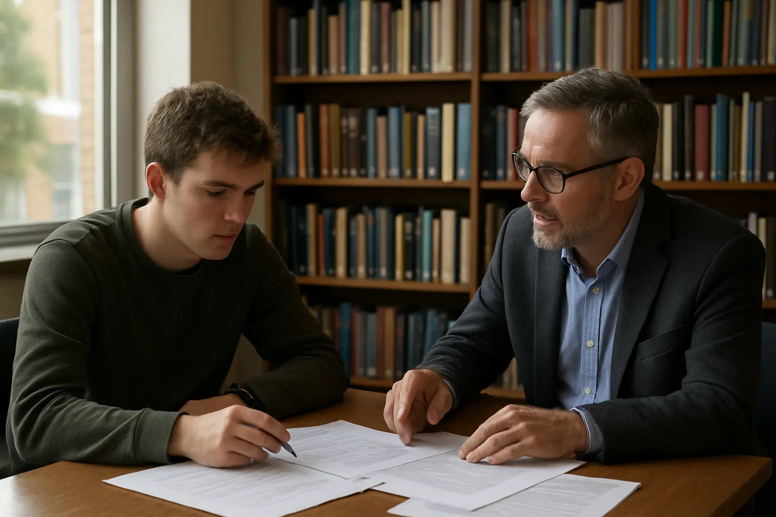 Estudante e orientador a discutir a reformulação do projeto de tese