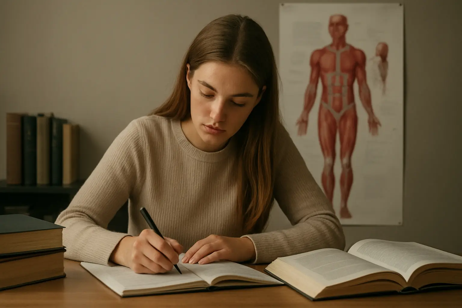 Estudante de fisioterapia escrevendo trabalho acadêmico com referências de anatomia
