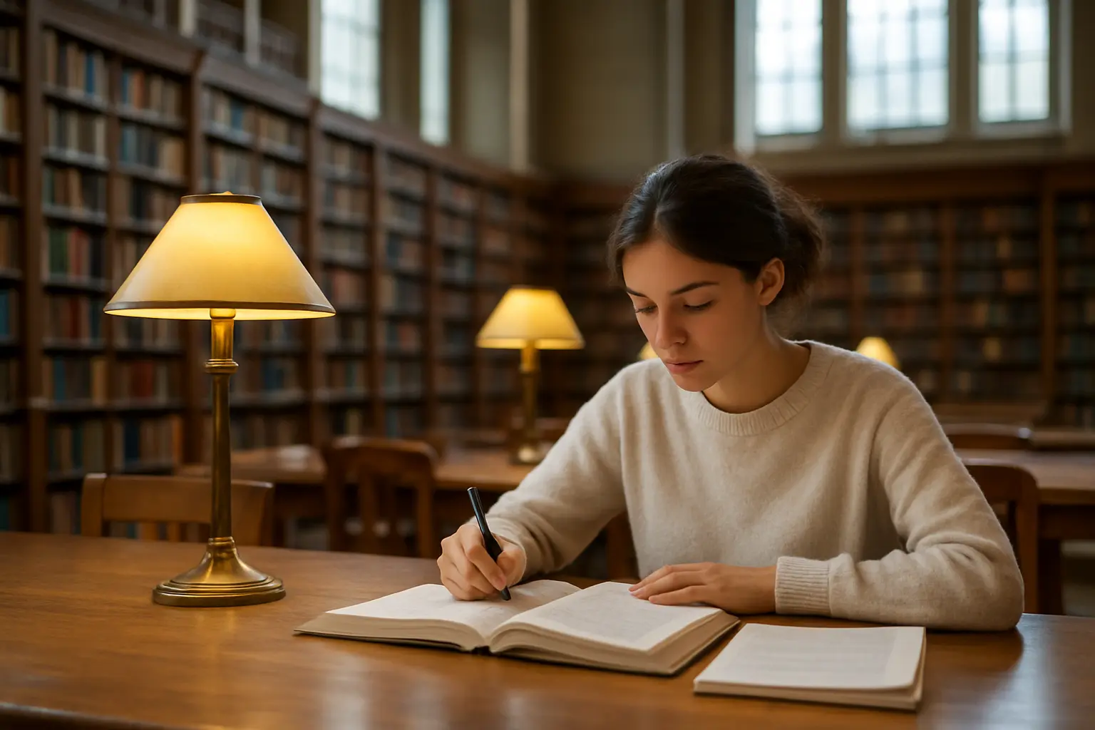 Estudante a estudar numa biblioteca universitária durante o percurso de licenciatura