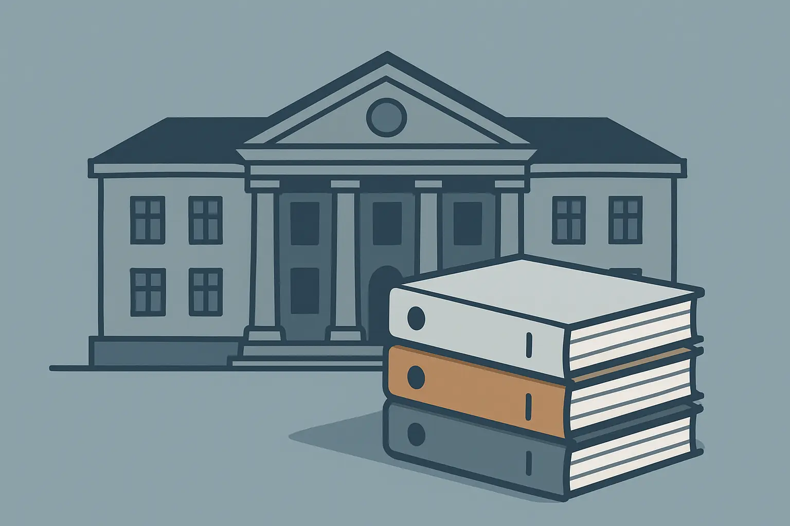 Ilustração de um edifício de serviços académicos universitários com pastas de regulamento, representando os requisitos institucionais