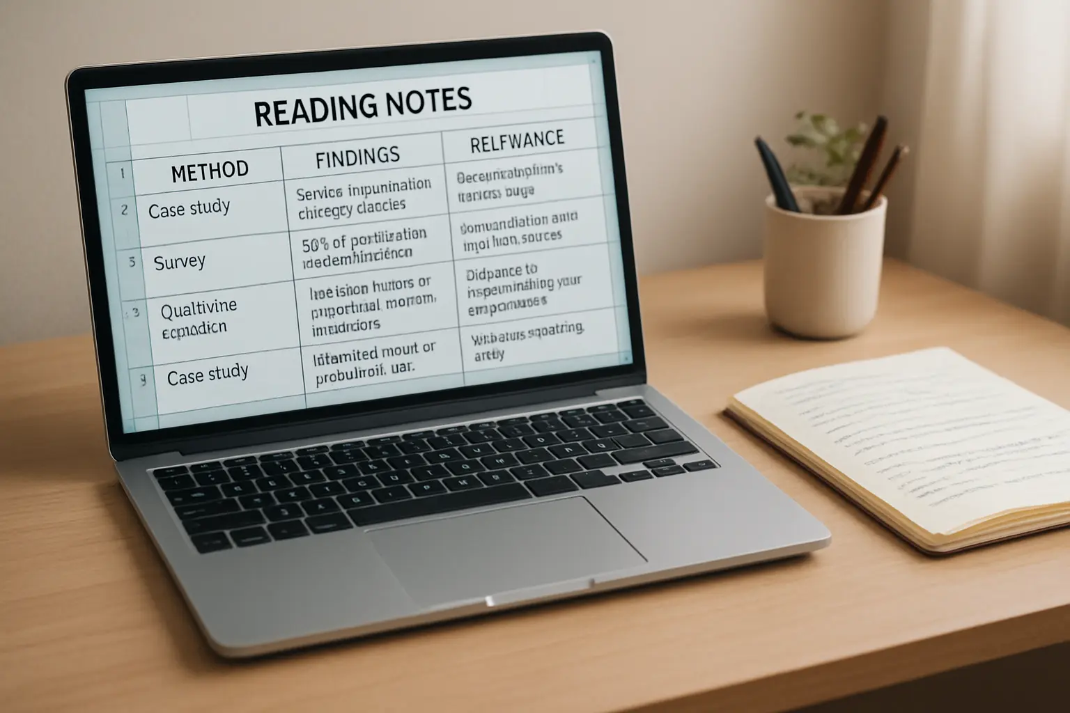 Notas de leitura organizadas numa folha de cálculo com resumos por artigo
